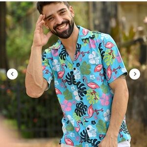 Alvish Hawaiian Flamingo Short Sleeve Shirt Button Down Turquoise Men’s Size XL